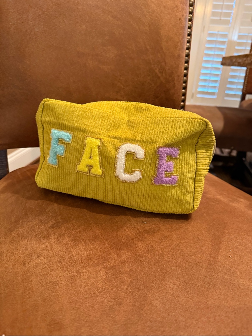 Corduroy Cosmetic Pouch - Yellow with Multicolor Lettering